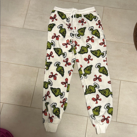 Women's White Pajama Pants with Green and Red Print - Picture 1 of 3